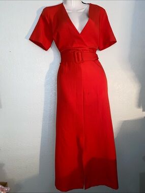 Zara Bold orange Red V-Neck Belted  Dress